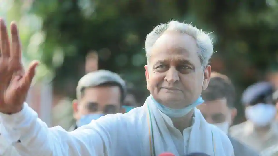 Rajasthan chief minister Ashok Gehlot speaks to the media outside the Governor’s residence, in Jaipur, Rajasthan. (Photo by Himanshu Vyas/ Hindustan Times)